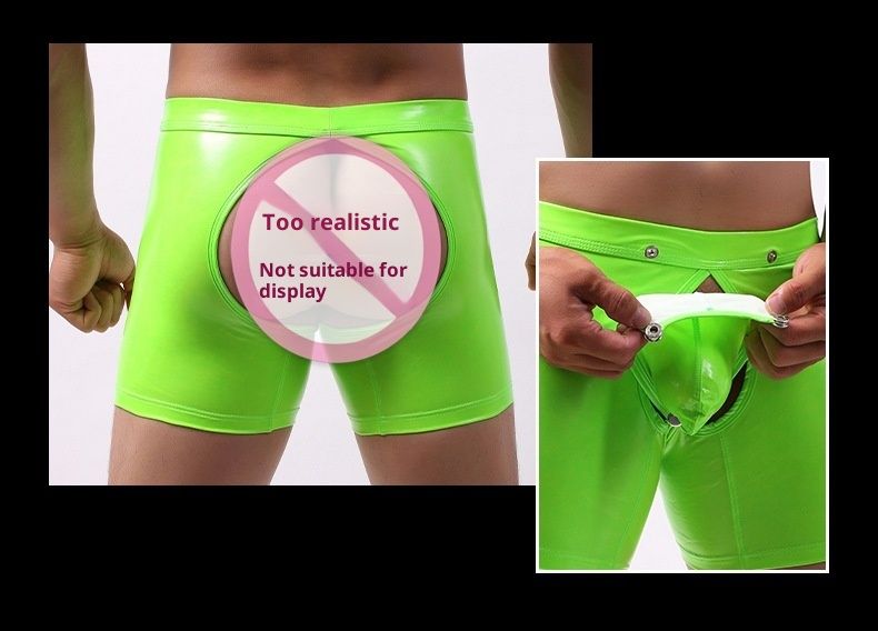 Men's Leather Extended Boxer Briefs Low Waist Front And Back Opening Button Pouch Separate Sexy Leather_voghion.com
