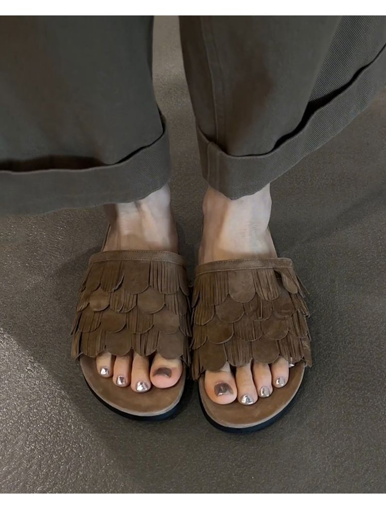 Lan Cabinet Edition ~ Strandsandalen aus weichem Leder im Old Money-Stil mit dicker Sohle für Damen mit Quasten, flacher, runder, offener Zehenpartie_voghion.com
