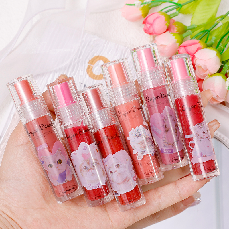 Simpatico gatto specchio acqua lucidalabbra trasparente gelatina labbra ghiacciaio impermeabile durevole rossetto liquido rosa nudo col_voghion.com