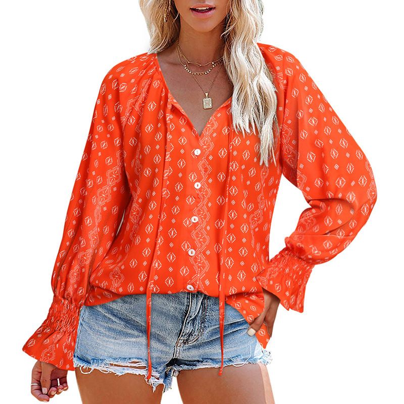 Women's Clothing Loose V-neck Pullover Casual Top Long Sleeved Floral Lotus Leaf Sleeved Chiffon Shirt_voghion.com