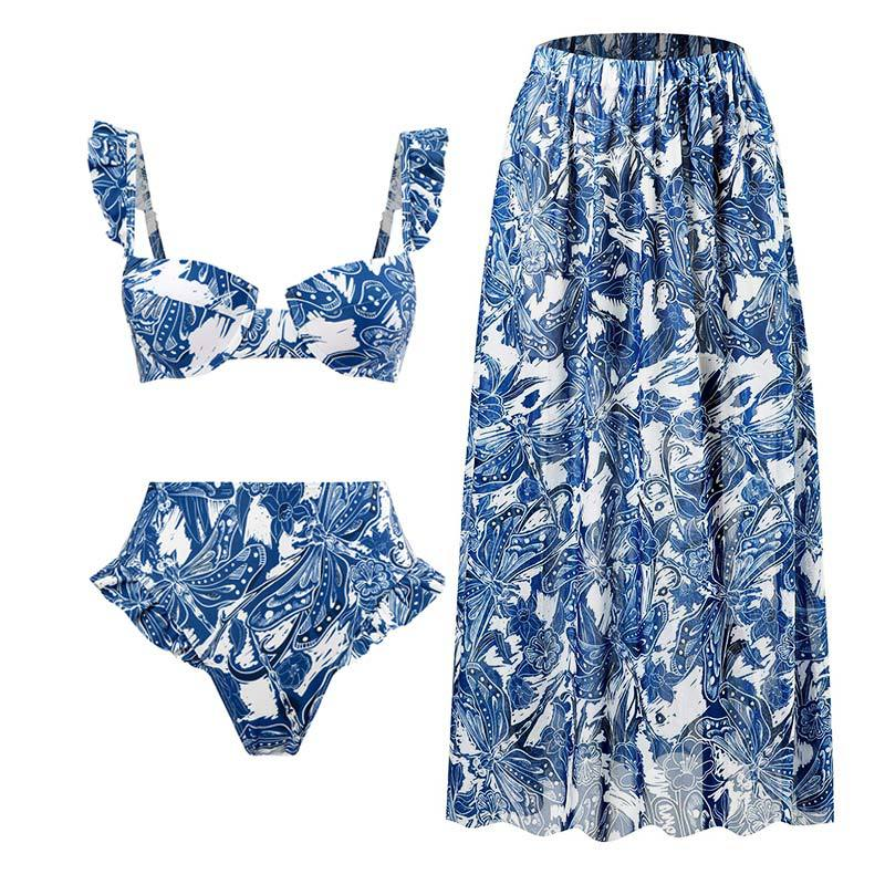 Bohemian resort style three-piece swimsuit Multicolor printed beach spa gauze skirt_voghion.com