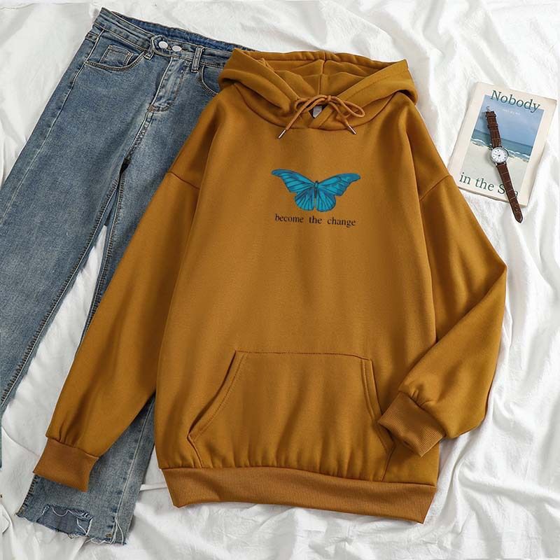 Felpa con cappuccio stile Ins Plus Size Felpa con cappuccio Butterfly Become The Change_voghion.com