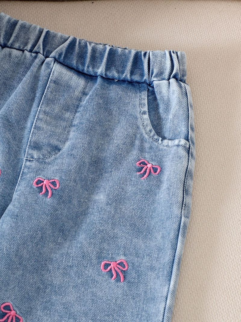 Completo giacca e pantaloni in denim per bambine – Ricamo vintage e fiocco (3-8 anni, 100-140 cm)_voghion.com