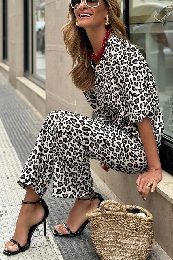 Ensemble deux pièces décontracté pour femme, cardigan et pantalon imprimé léopard_voghion.com