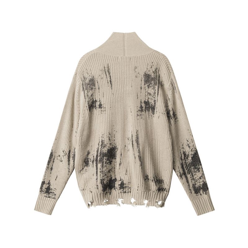Gothic Tie-Dye Knit Cardigan – Unisex Distressed Open-Front Coat, Stand Collar & Drop-Shoulder Design, Grunge Streetwear Staple (Ashy Grey/Khaki)_voghion.com