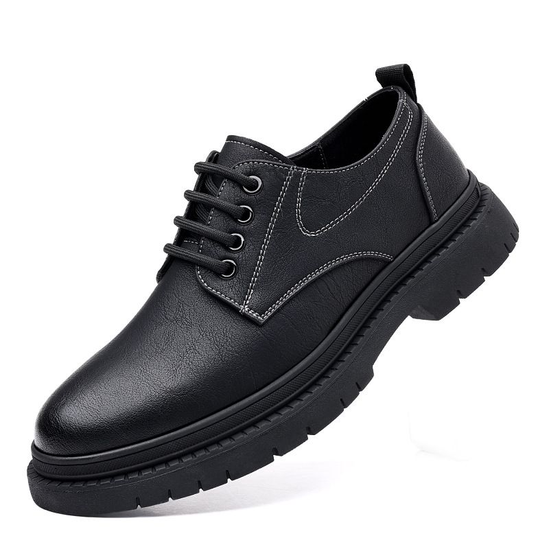 Suitable For All Seasons Men's Leather 2024 Low-top British Style Round Toe Chunky Work Thick-soled Casual Derby Shoes_voghion.com