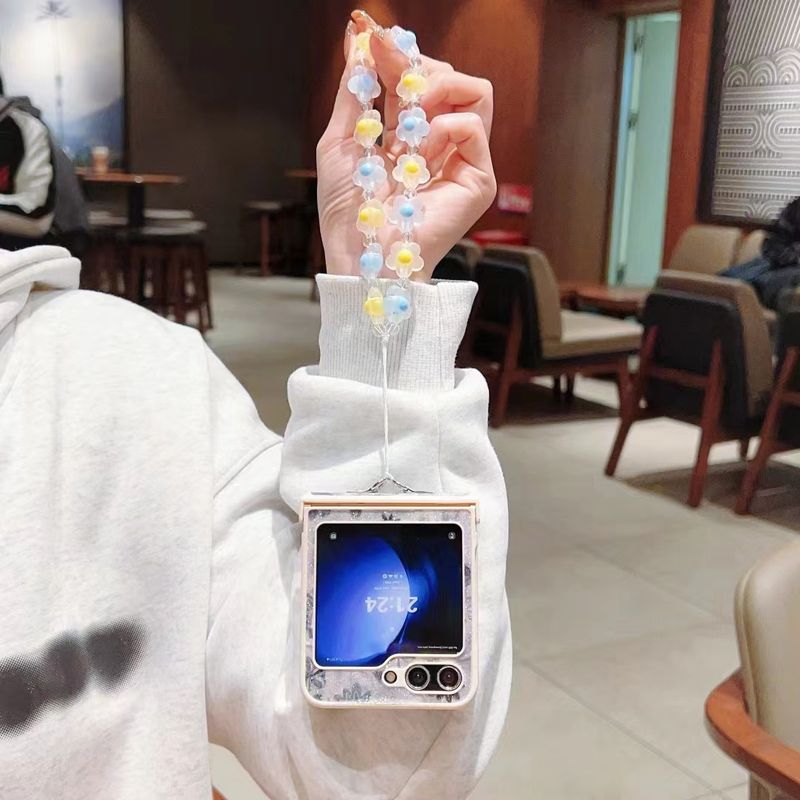 For Samsung Galaxy Z Flip 3 4 5 5G Flip4 Cute Leather Pearl Flower Chain Strap Phone Case Cover_voghion.com