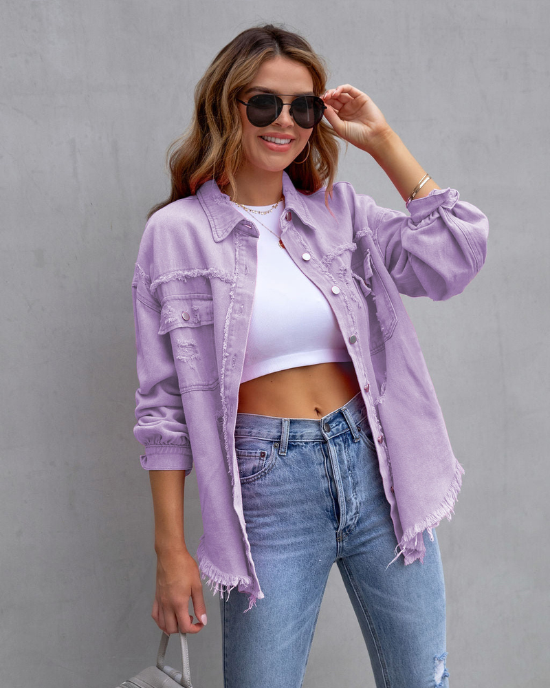 Chaqueta vaquera con bordes rugosos y agujeros para mujer, chaqueta informal con solapa, temperamento de primavera y otoño, novedad de 2023_voghion.com
