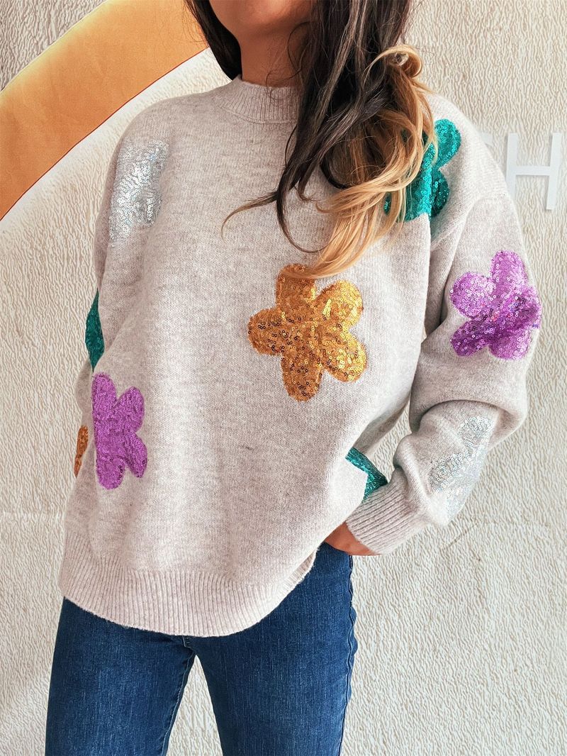Pull en maille fleurie pailletée – Pull oversize et confortable pour femme (taille S à L, mélange polyester, style streetwear coréen, doux et chaud, lavable en machine)_voghion.com