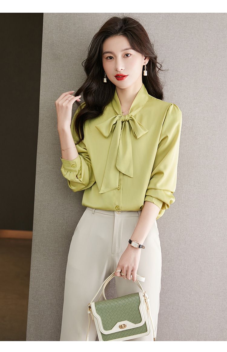 K New Bow Tie Design Women's Shirt; Minority Professional Style Satin Blouse With Sash_voghion.com