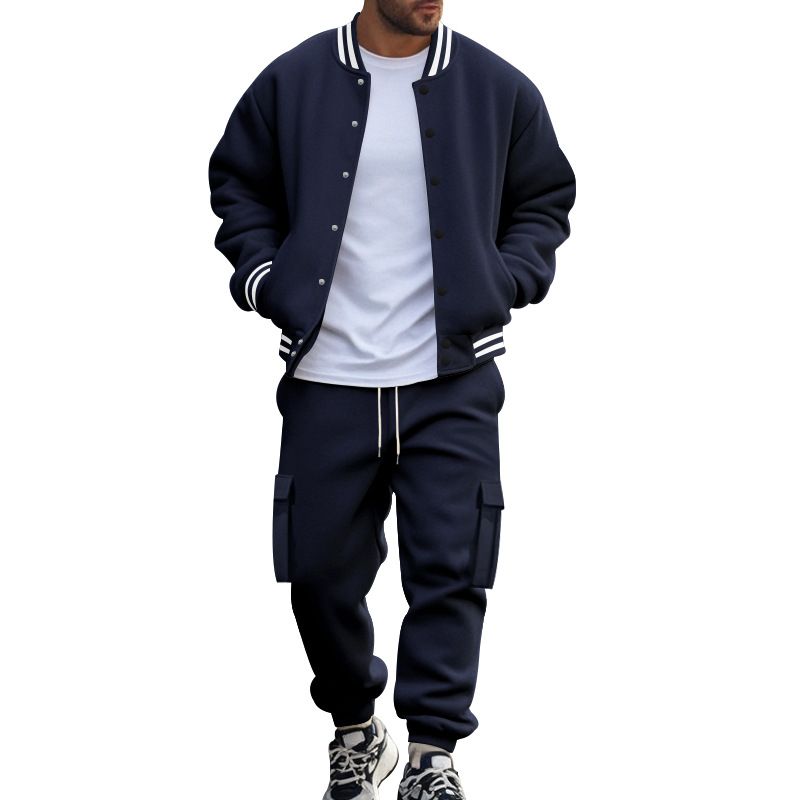 Autumn Winter American Style Stand Collar Baseball Jacket With Fleece Lined Pants Loose Fit Men's Sports Suit_voghion.com