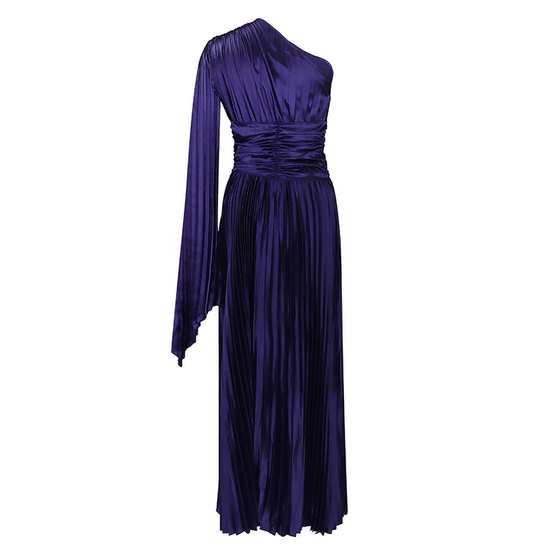 women's clothing new one-shoulder pleated long skirt oblique collar waist dress _voghion.com