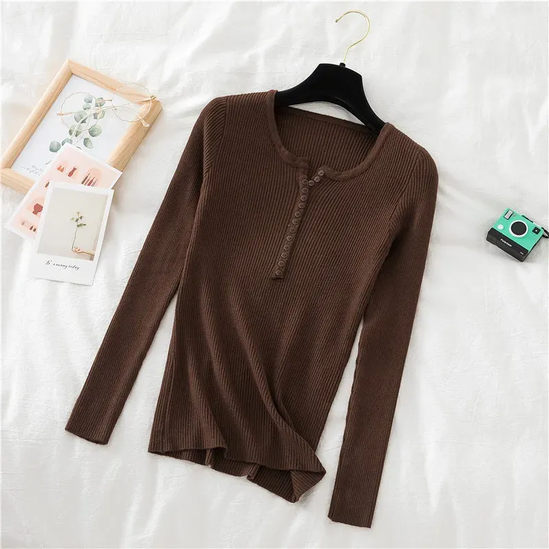 Maglione con scollo a V e bottoni autunno inverno 2025 da donna, pullover basic slim da donna, maglioni e pullover in maglia, top morbidi e caldi_voghion.com