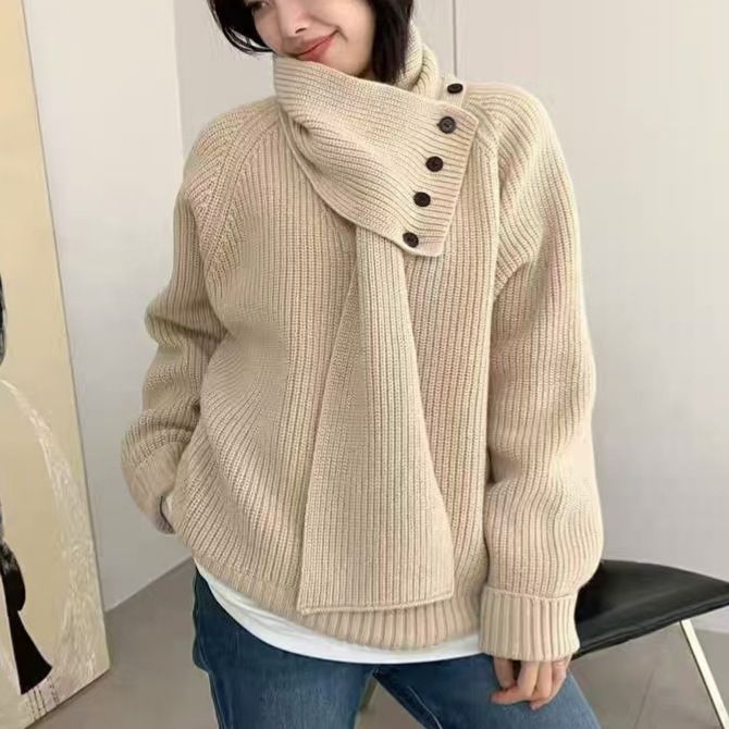2025 Autumn Winter New Scarf Collar Pullover Women, Korean Style Lazy And Versatile Long Sleeved Casual Knitted Sweater_voghion.com