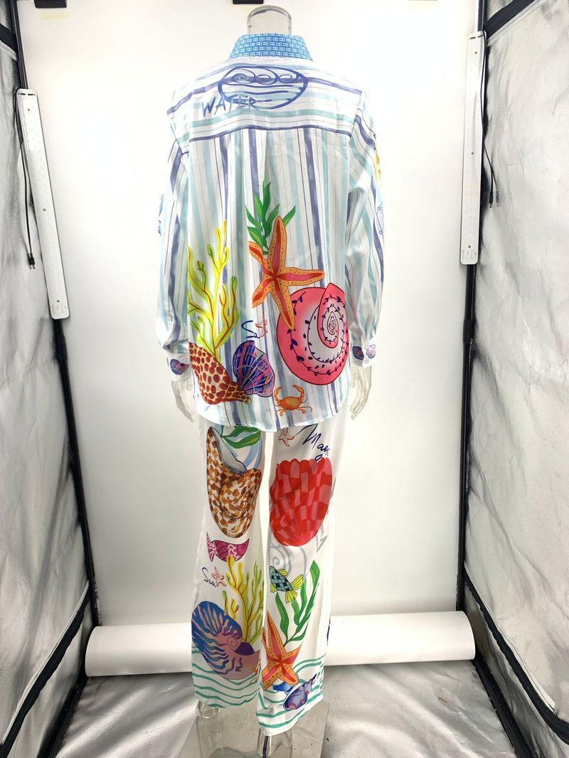 Nuovo set di due pezzi con camicia e pantaloni casual personalizzati con stampa graffiti in raso 2024_voghion.com