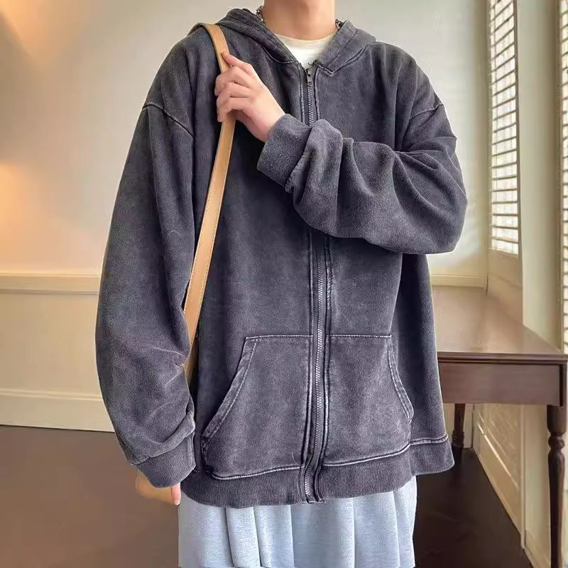 Vasket og slitt hettegenser, herrejakke med cardigan, trendy merkevare med løs hettegenser_voghion.com