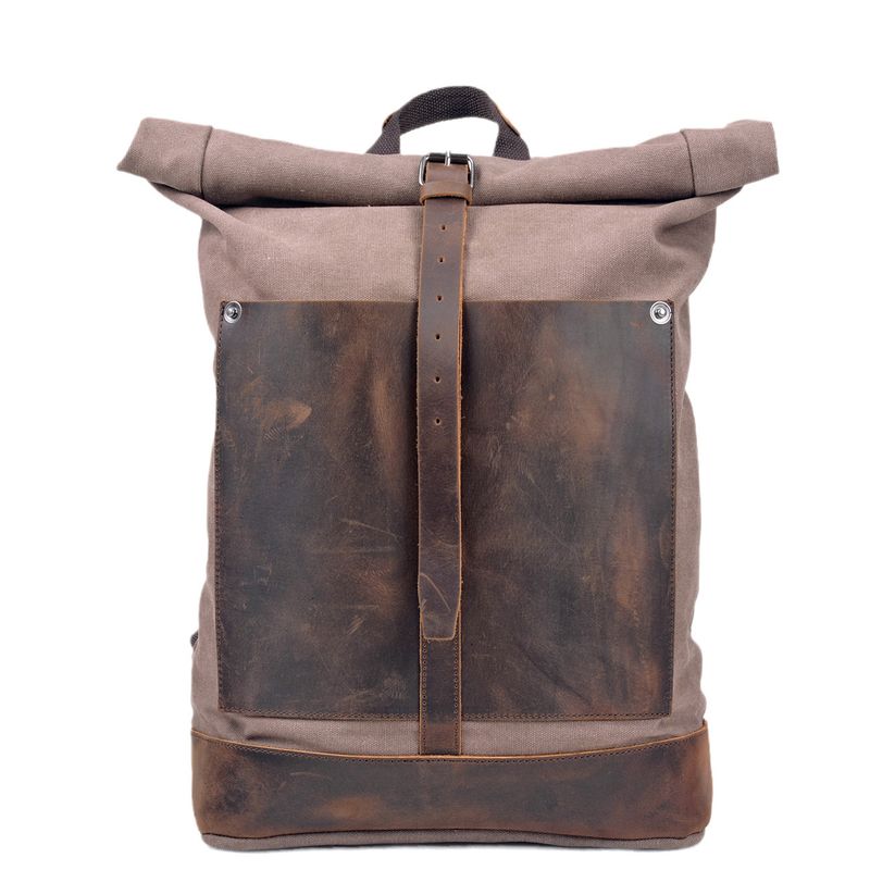 2025s Washed Canvas Large Capacity Roll-Top Expandable Backpack Men's Outdoor Hiking Bag_voghion.com