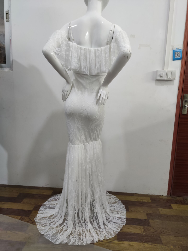 Sieviešu mežģīņu maternitātes astes kleita ar īsām piedurknēm fotografēšanas kleita ar lidojošām piedurknēm_voghion.com