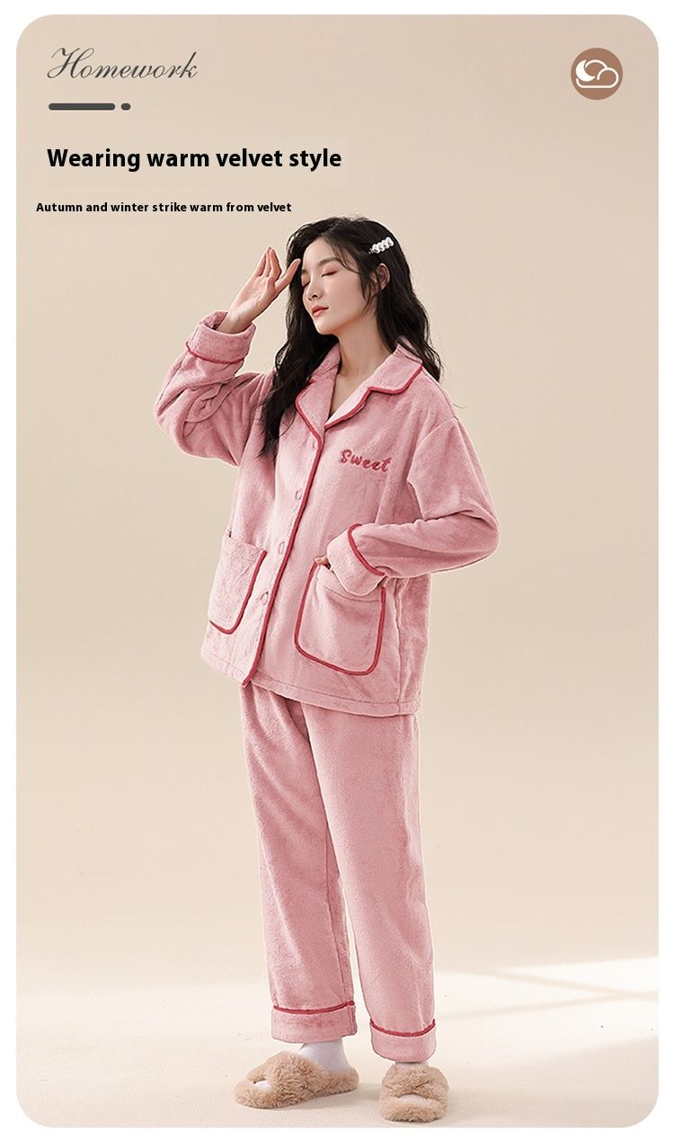 Damvinterpyjamas med förtjockad korallfleece 2024 nya flanellvarma hemkläder för vår och höst_voghion.com