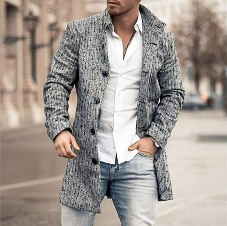 Veste longue décontractée à col rabattu pour homme, en laine imprimée CT 2025, collection automne-hiver_voghion.com