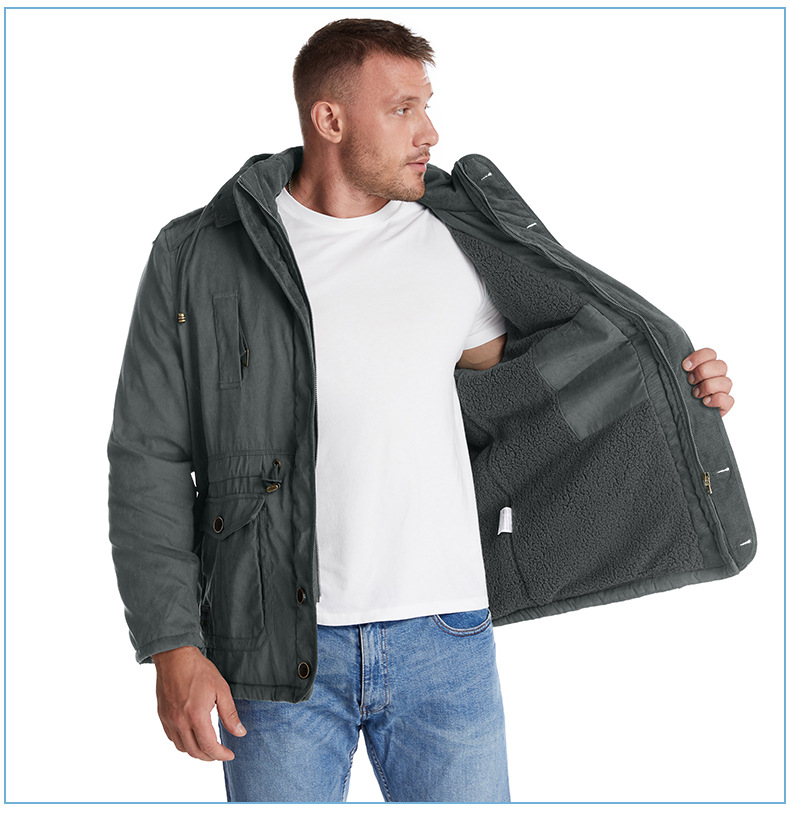 Men's Plus Size Shearling Hooded Cotton Jacket Thickened Multi-Pocket Cotton Top Casual Mid-Length Coat_voghion.com