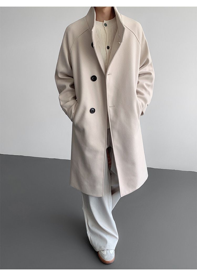 Gabardina de mezcla de lana con cuello alto para hombre: abrigo largo entallado, chaqueta de invierno de botonadura sencilla (negro/albaricoque, M-5XL)_voghion.com