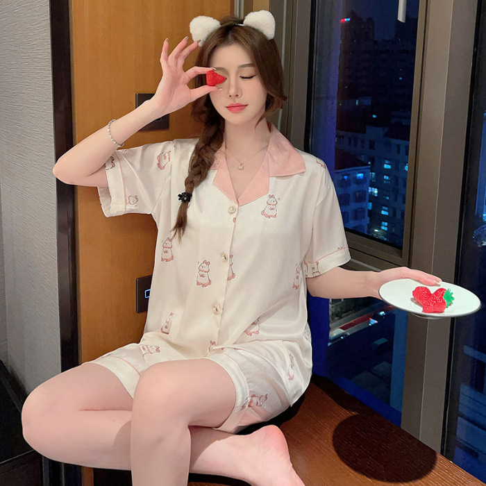 2024 new summer ice and snow silk fat plus size lapel cardigan, short sleeved shorts, pajamas, women's set, home clothes_voghion.com