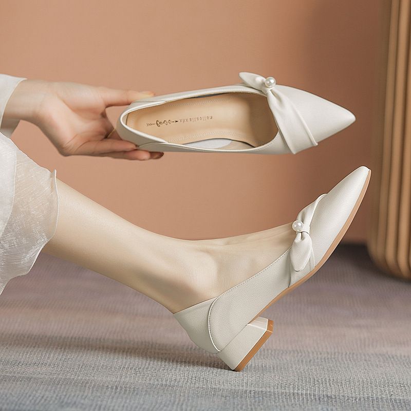 Genuine Leather Pointed Toe Flat For Women 2025 New Versatile Elegant Chunky Low Heel French Design Niche Women's Shoes_voghion.com