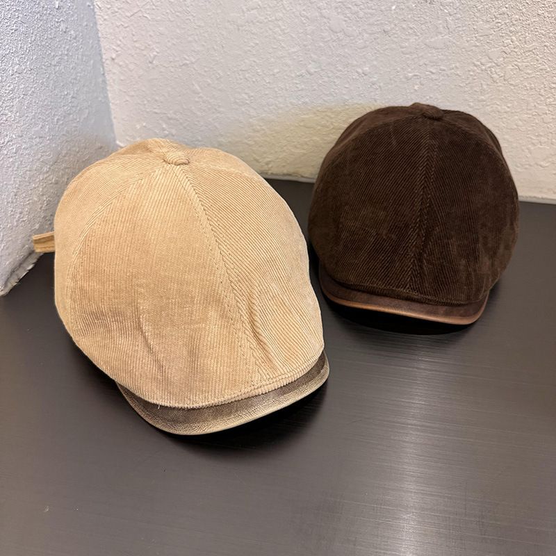 Women's Hats Retro Solid Color Corduroy PU Forward Hat Autumn And Winter Men And Women Simple Street All Match Duckbill Beret Trend_voghion.com