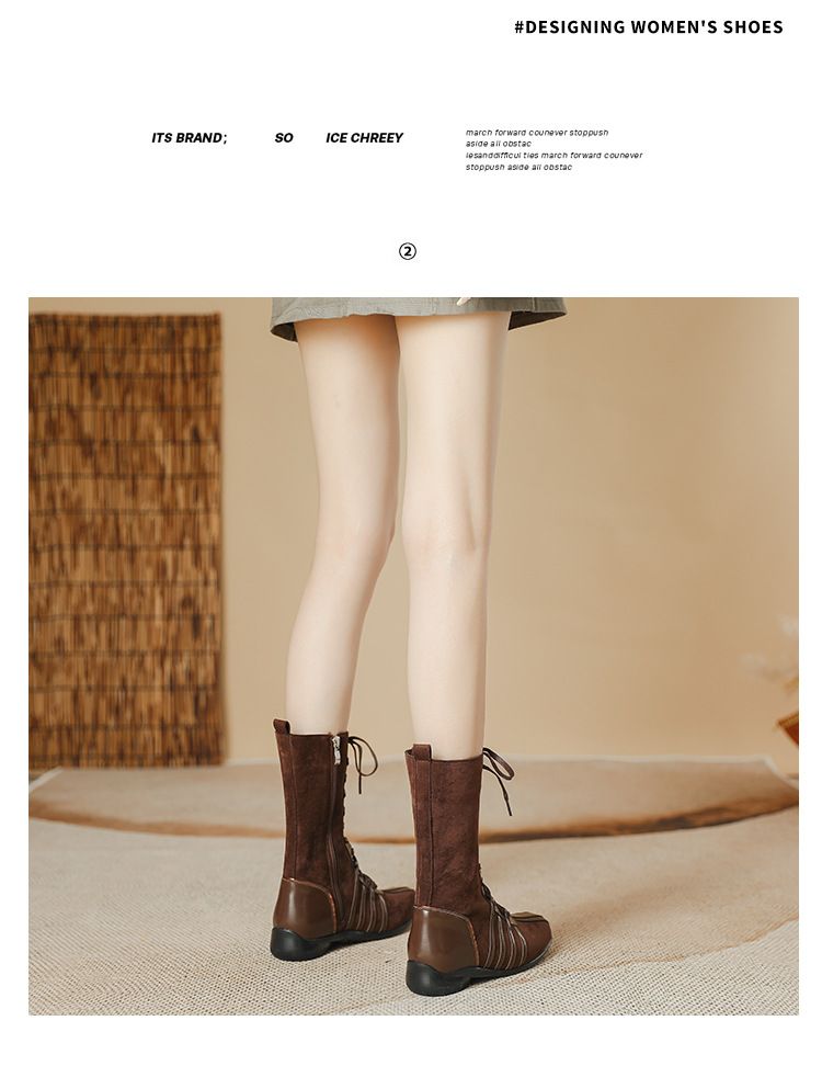 Koreaanse nieuwe retro ridder korte laarzen dames 2025 herfst en winter laarzen veter western laarzen niche platte zool kleur bijpassende korte laarzen_voghion.com