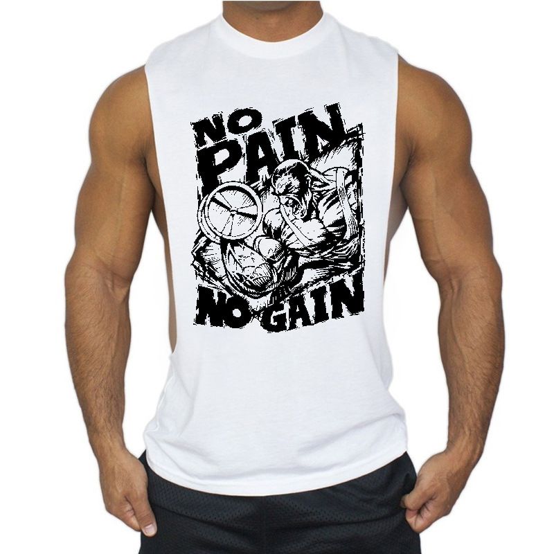 Canotta sportiva da uomo in cotone, vestibilità ampia, con spacchi laterali, per bodybuilding, PAIN NO GAIN_voghion.com