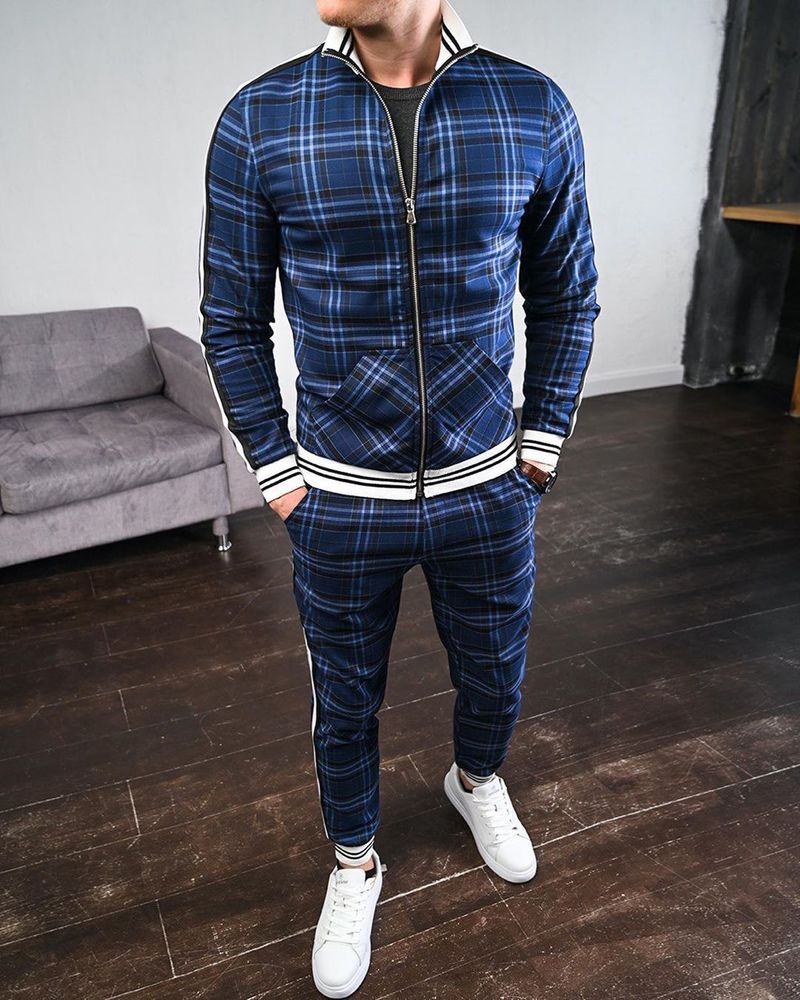European and American striped sports casual suit men's large size slim sports trousers jacket two-piece set spring and autumn_voghion.com