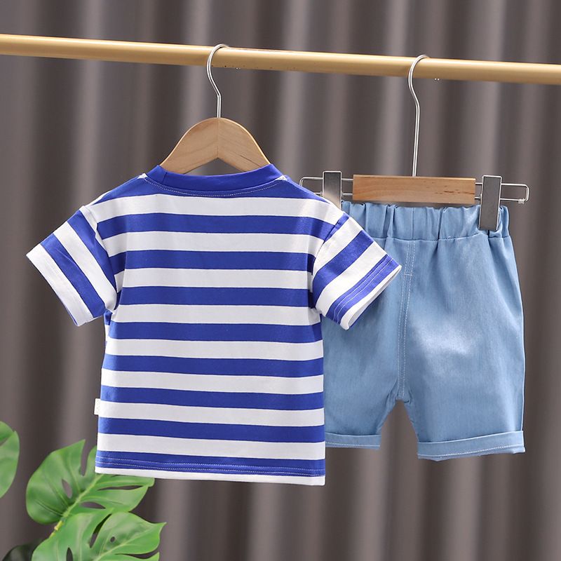 2024 Summer Trendy Korean Edition Boys and Girls Casual Cartoon Fashionable Striped Short Sleeve Shorts Set of Two_voghion.com