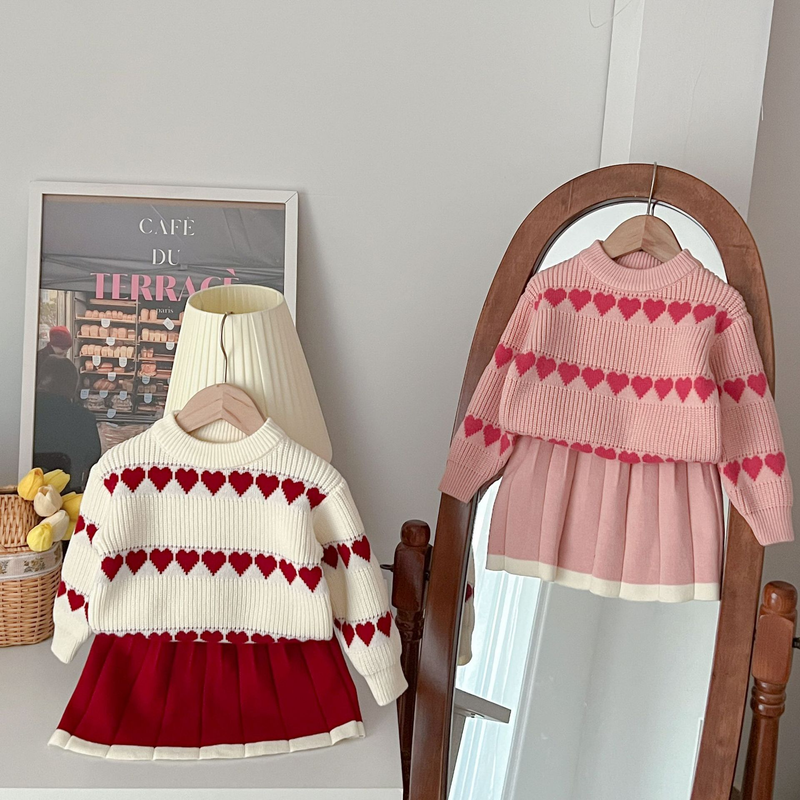 Ensemble deux pièces tricoté en Jacquard pour fille, pull à la mode, amour, jupe pull, édition coréenne, nouvelle collection automne/hiver 2023_voghion.com