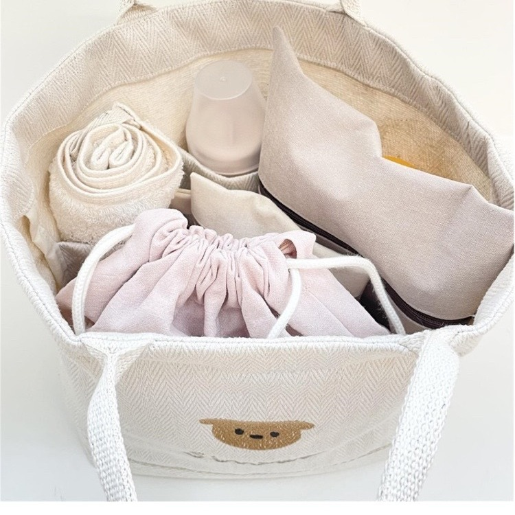 Korean Instagram Mommy Canvas Cartoon Embroidered Lightweight Handbag Fashionable Minimalist Bento Cart Mother and Baby_voghion.com