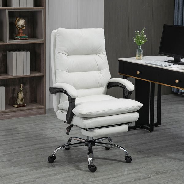Vinsetto Heated Massage Office Chair Microfibre Reclining Vibration Footrest Armrest Cream White_voghion.com