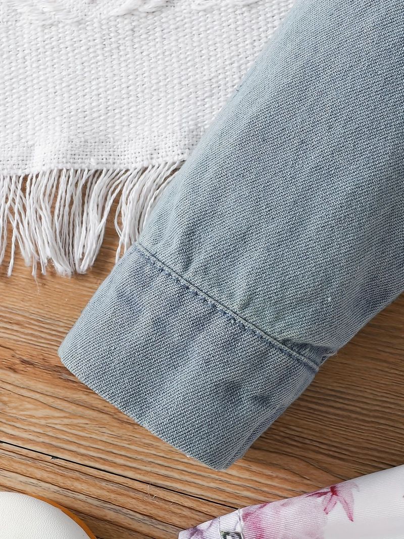 Mamm & Kanner INS Puppelchen Meedchen Fréijoer an Hierscht ärmellos Hirschdruck Kleed Denim gestickte Langärmeljackett_voghion.com