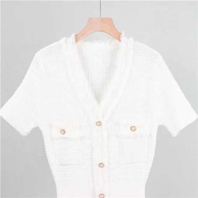 Abito in maglia a maniche corte con scollo a V da donna, temperamento in vita, abito lavorato a maglia_voghion.com