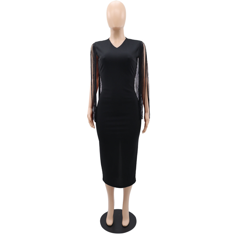 Women's fringe shawl temperament one-step slim-fit pencil dress_voghion.com