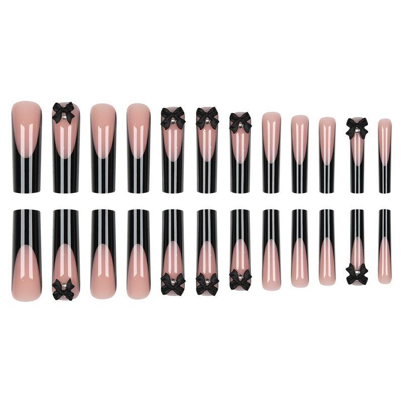 Eleganti unghie finte con fiocco francese nero - Design a farfalla lungo, dolce e glamour, unghie finte riutilizzabili per donna (opzioni con colla/adesivo in gel)_voghion.com