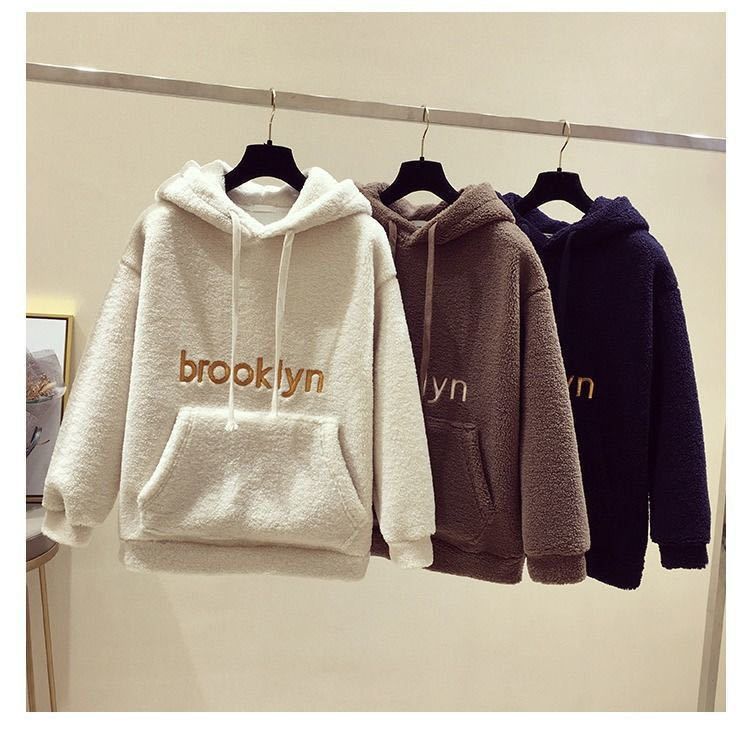 Gezellige damesoutfitset met fleecevoering - oversized hoodie en wijde wollen broek, Koreaans wintercasual pak, geborduurd letterontwerp,_voghion.com