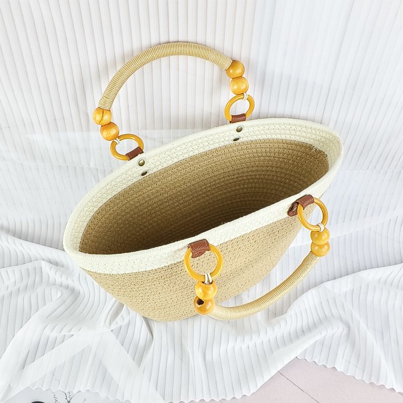 Nischendesign Baumwollfaden Mode gewebte Handtasche Schulter große Kapazität Patchwork Strandurlaub Damentasche_voghion.com