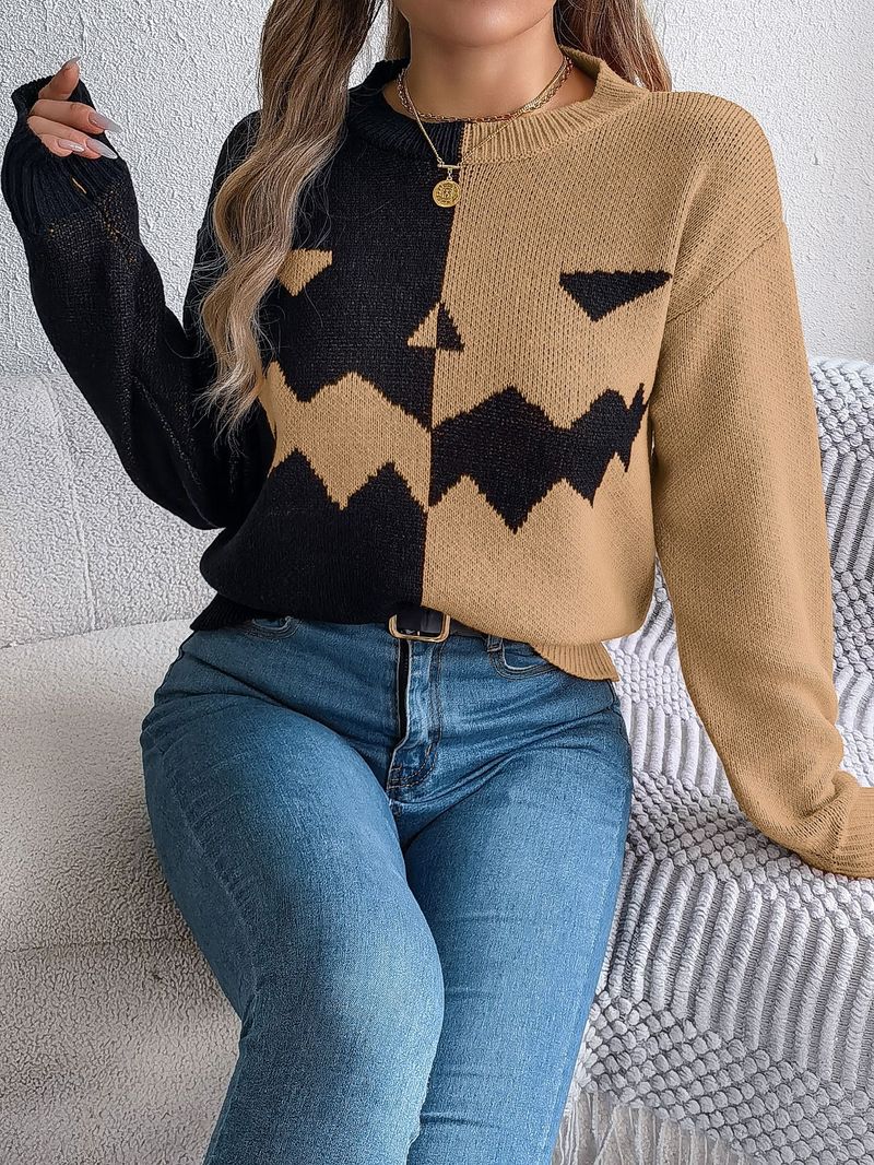 Autumn Winter Halloween Ghost Pumpkin Color-Block Long Sleeve Pullover Sweater Women's Fashion_voghion.com