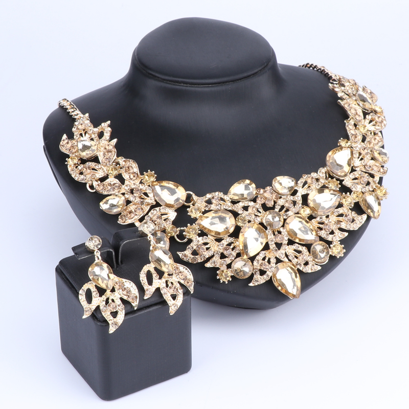Set di bigiotteria da donna, da sposa, con strass, in cristallo, con collana di fiori e orecchini, per feste_voghion.com