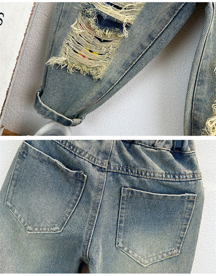 Mother & Kids Kinderkleding jongens jeans 2024 nieuwe kinder voorjaarskleding stijlvolle jongens voor- en najaar gescheurde broeken broeken trend_voghion.com