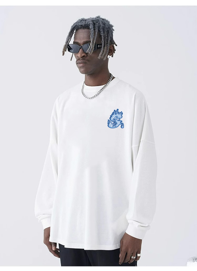 Herrenbekleidung Hipster Flame Letters Langarm T-Shirt Herren Retro High Street schwere Baumwolle Paar Top_voghion.com
