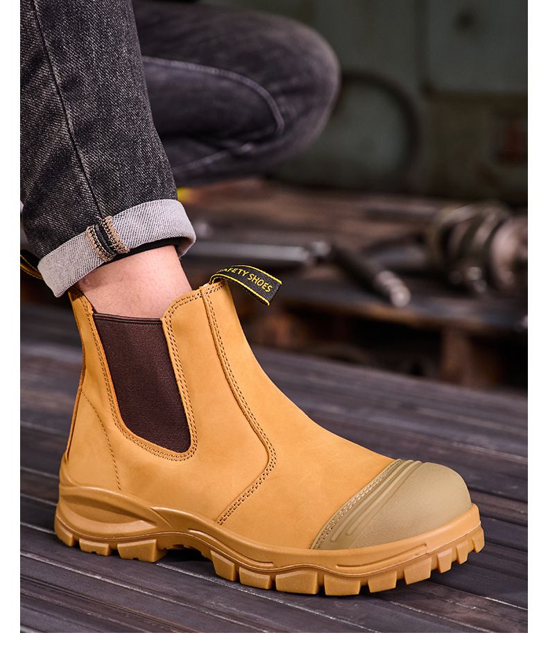 Men Special Work Shoes High-End With Cowhide Leather Upper, Anti-Smash And Anti-Puncture Steel Toe, Mid-Top Slip-On Men's Safety Shoes For Work_voghion.com