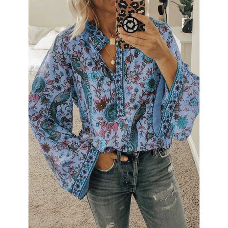Abbigliamento donna autunno nuovo caldo pavone stampa camicia ampia bottone manica lunga camicia_voghion.com