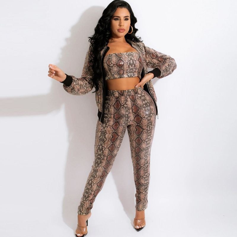 Women's Snake Print Sleeve Zipper Cardigan Jacket Long Pants Tube Top Three-Piece Set_voghion.com
