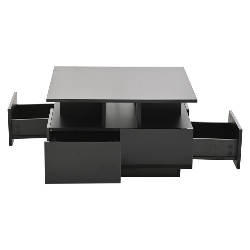 Table basse de salon noire brillante 70 x 70 x 40 cm avec éclairage LED, table d'appoint à 4 tiroirs, design géométrique, capacité de charge de 30 kg._voghion.com